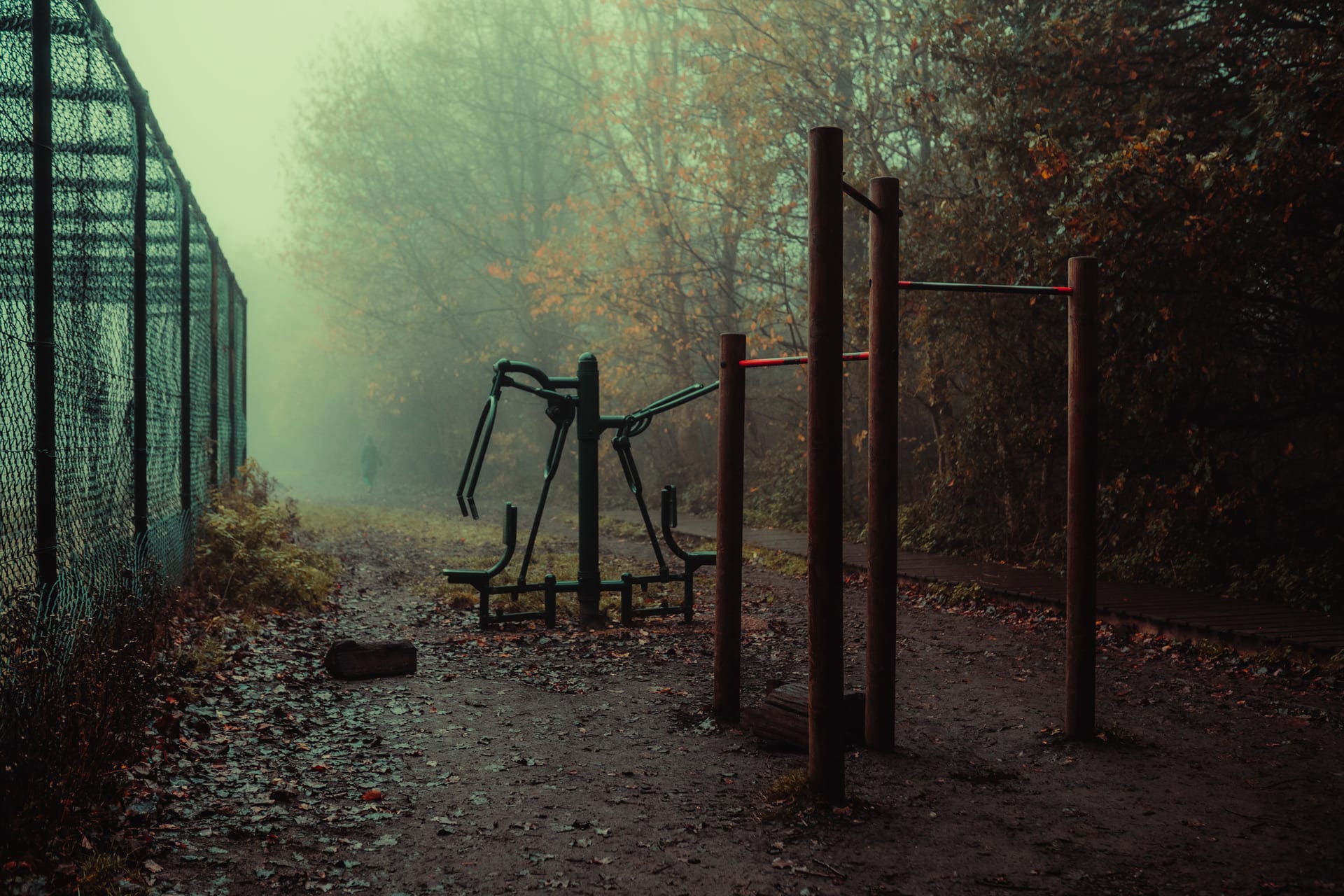 People walking in a foggy forest next to outdoor exercise equipment