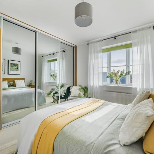 Contemporary staged bedroom for a property in Sevenoaks, Kent.