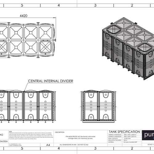 PW.4X2X2.IFB.DIV.AG(2+2) - 16000 LITRE DIVIDED SECTIONAL WATER TANK, INTERNALLY FLANGED BASE (IFB)