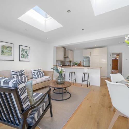 Open plan living room bungalow in Pettswood staged to sell by Farrow Home Staging