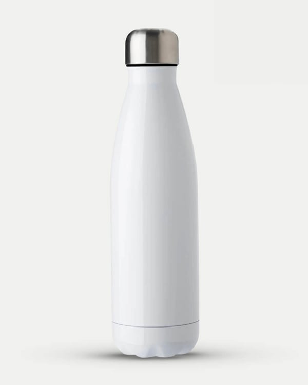 White stainless steel insulated water bottle with silver lid, promoting reusable eco-friendly hydration on neutral backdrop.