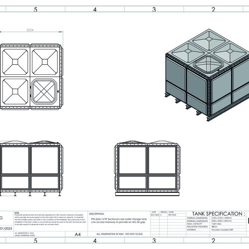 PW.2X2X1.5TIF.AG - 7627 LITRE SECTIONAL WATER TANK, TOTALLY INTERNALLY FLANGED (TIF)