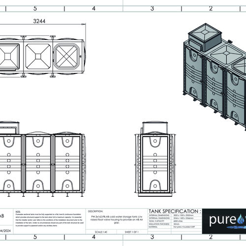 PW.3X1X2.IFB.AB - 6000 LITRE SECTIONAL WATER TANK, INTERNALLY FLANGED BASE (IFB) C/W FVH