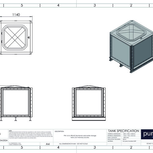 PW.1X1X1.IFB.AG - 1000 LITRE SECTIONAL WATER TANK, INTERNALLY FLANGED BASE (IFB)