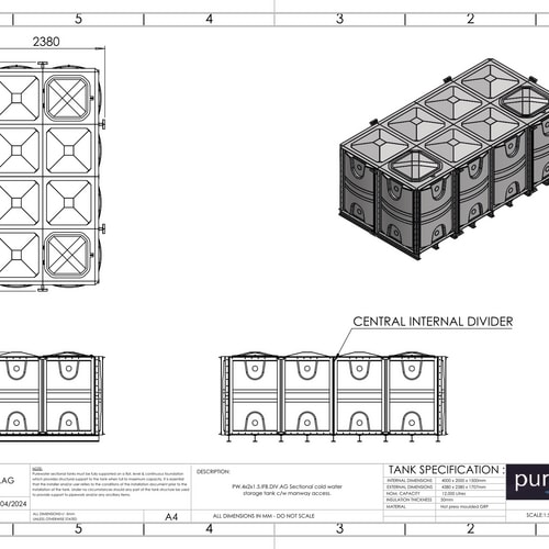 PW.4X2X1.5.IFB.DIV.AG(2+2) - 12000 LITRE DIVIDED SECTIONAL WATER TANK, INTERNALLY FLANGED BASE (IFB)