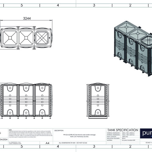 PW.3X1X2.IFB.AG - 6000 LITRE SECTIONAL WATER TANK, INTERNALLY FLANGED BASE (IFB)