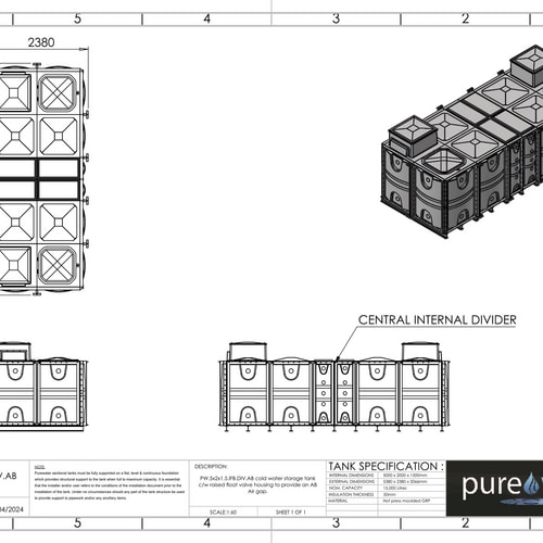 PW.5X2X1.5.IFB.DIV.AB(2.5+2.5) - 15000 LITRE DIVIDED SECTIONAL WATER TANK, INTERNALLY FLANGED BASE (IFB) C/W FVH