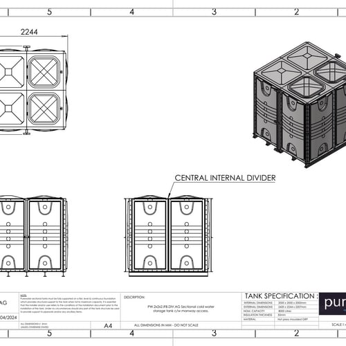 PW.2X2X2.IFB.DIV.AG(1+1) - 8000 LITRE SECTIONAL WATER TANK, INTERNALLY FLANGED BASE (IFB)