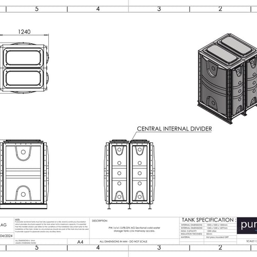 PW.1x1x1.5.IFB.DIV.AG(0.5+0.5) - 1500 LITRE DIVIDED SECTIONAL WATER TANK, INTERNALLY FLANGED BASE (IFB)