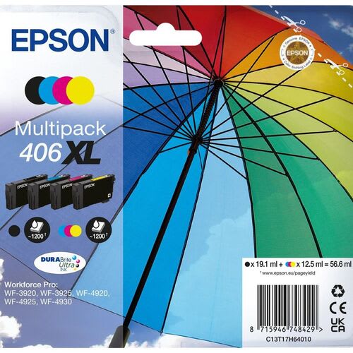 Epson 406XL High Capacity Ink Cartridge Multipack (Black, Cyan, Magenta, Yellow)