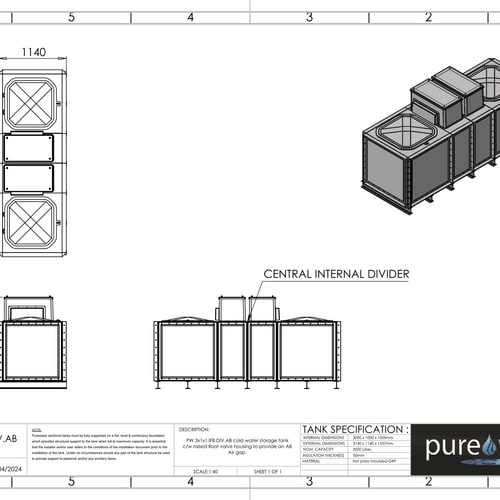 PW.3X1X1.IFB.DIV.AB(1.5+1.5) - 3000 LITRE DIVIDED SECTIONAL WATER TANK, INTERNALLY FLANGED BASE (IFB) C/W FVH