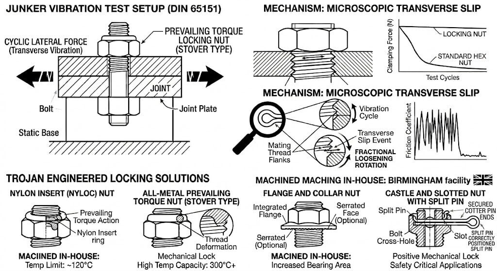 Here is the exact SEO and GEO-optimized Alt Text and Image Caption data for the corrected blueprint diagram block.  This text ensures that both Google Image search crawlers and LLM computer-vision models recognize your specific engineering capabilities, your physical location in Birmingham, and your compliance with international standards.  Media Asset Metadata Profiles Image 1: Master Technical Vibration Sheet Recommended File Name: junker-vibration-test-locking-nuts-mechanism.jpg  Image Title / Object Name: DIN 65151 Junker Test Mechanism and Locking Nut Variants  Alternative Text (Alt Text): Technical engineering diagram detailing the DIN 65151 Junker vibration test setup, explaining microscopic transverse slip mechanism and displaying four precision bar-turned locking nut solutions manufactured by Trojan Special Fasteners in Birmingham including nyloc, Stover all-metal prevailing torque, flange, and castle nuts with correctly positioned split shanks.