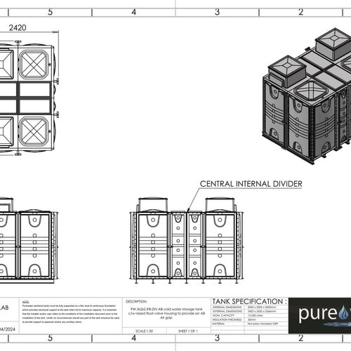 PW.3X2X2.IFB.DIV.AB(1+1) - 12000 LITRE DIVIDED SECTIONAL WATER TANK, INTERNALLY FLANGED BASE (IFB) C/W FVH