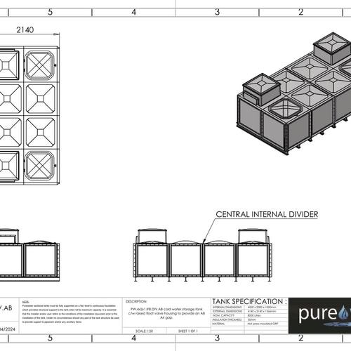 PW.4X2X1.IFB.DIV.AB(2+2) - 8000 LITRE DIVIDED SECTIONAL WATER TANK, INTERNALLY FLANGED BASE (IFB) C/W FVH