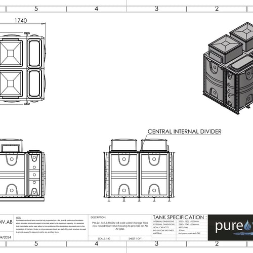PW.2X1.5X1.5.IFB.DIV.AB(1+1) - 4500 LITRE DIVIDED SECTIONAL WATER TANK, INTERNALLY FLANGED BASE (IFB) C/W FVH