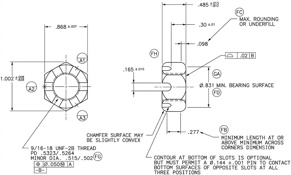 Bespoke Slotted Hex Nut Engineering Drawing, Technical engineering schematic blueprint of a custom-machined imperial UNF slotted hex nut showing precise manufacturing dimensions and tolerance details.