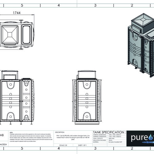 PW.1.5X1X2.IFB.AB - 3000 LITRE SECTIONAL WATER TANK, INTERNALLY FLANGED BASE (IFB) C/W FVH