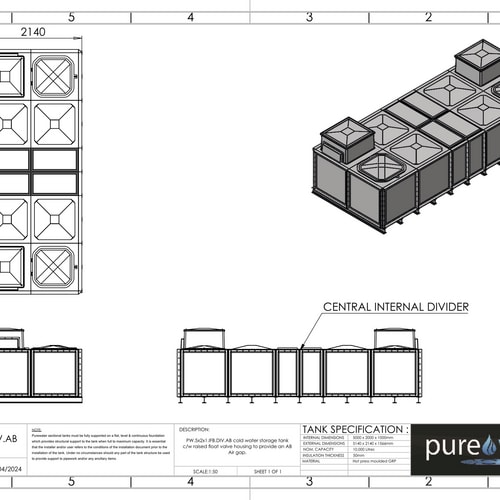 PW.5X2X1.IFB.DIV.AB(2.5+2.5) - 10000 LITRE DIVIDED SECTIONAL WATER TANK, INTERNALLY FLANGED BASE (IFB) C/W FVH