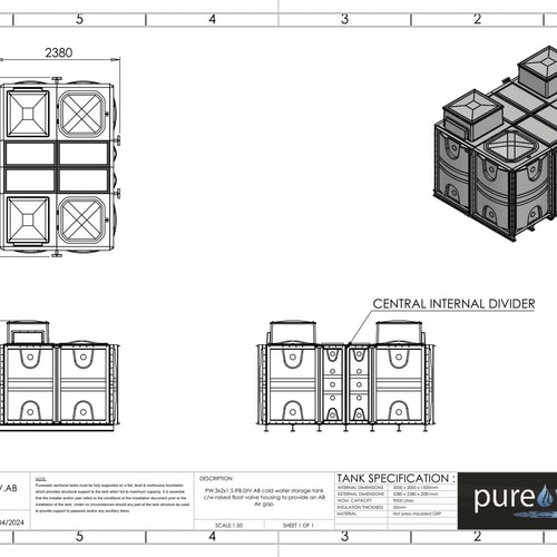 PW.3X2X1.5.IFB.DIV.AB(1.5+1.5) - 9000 LITRE DIVIDED SECTIONAL WATER TANK, INTERNALLY FLANGED BASE (IFB) C/W FVH