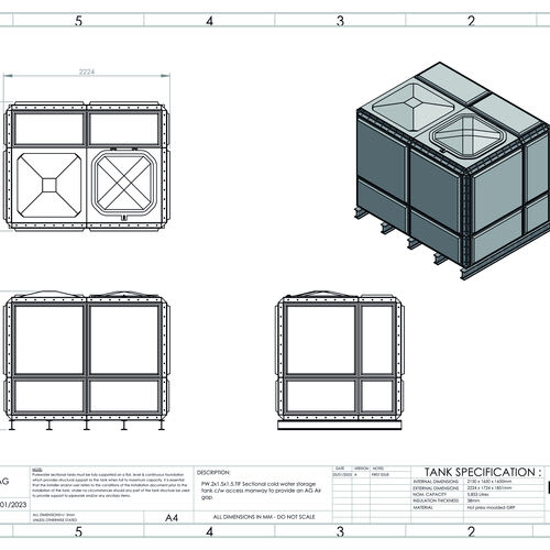 PW.2X1.5X1.5.TIF.AG - 5853 LITRE SECTIONAL WATER TANK, TOTALLY INTERNALLY FLANGED (TIF)