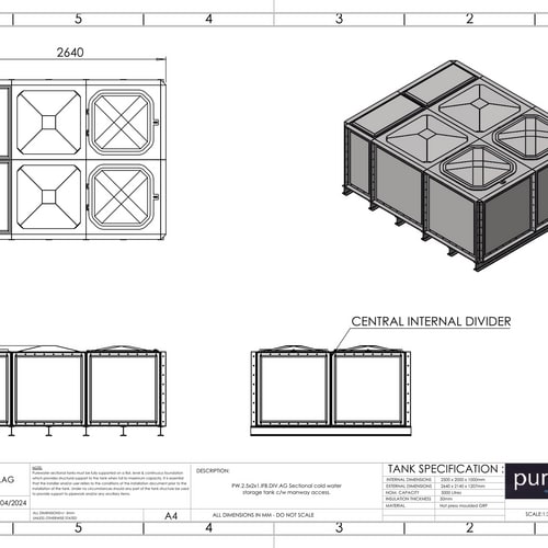 PW.2.5X2X1.IFB.DIV.AG(1+1) - 5000 LITRE DIVIDED SECTIONAL WATER TANK, INTERNALLY FLANGED BASE (IFB)