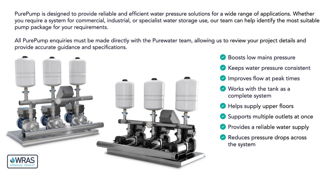 Purepump Booster Sets | Purewater Storage Ltd | GRP | Water Storage Tanks | One piece | Two Piece | Sectional | Enclosures | Combination Units | Nationwide