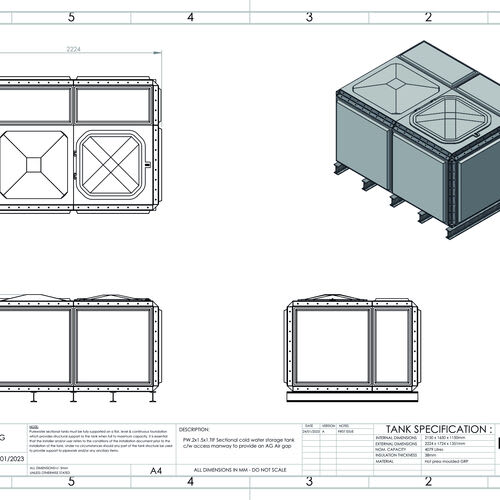 PW.1.5X1X1.5.TIF.AG - 3130 LITRE SECTIONAL WATER TANK, TOTALLY INTERNALLY FLANGED (TIF)