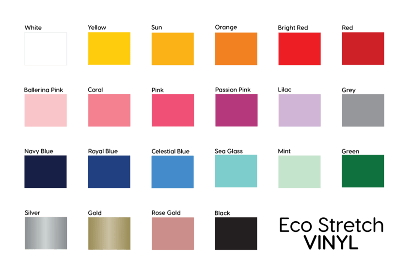 Eco Stretch VINYL colour chart with 22 vibrant HTV colours for eco-friendly heat transfer printing and custom apparel designs.