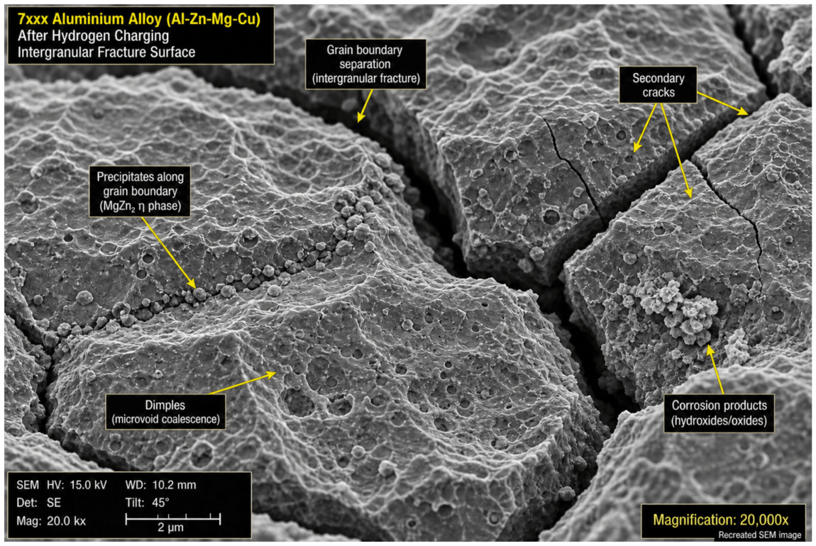 Scanning electron microscope image showing intergranular fracture surface of a high-strength aluminium alloy specimen after hydrogen charging, with grain boundary separation clearly visible