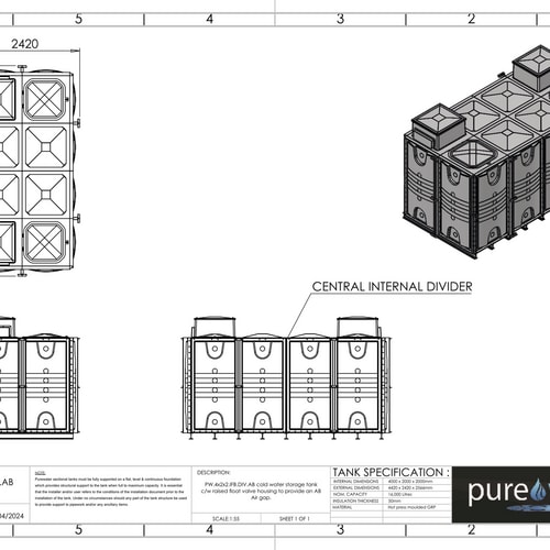 PW.4X2X2.IFB.DIV.AB(2+2) - 16000 LITRE DIVIDED SECTIONAL WATER TANK, INTERNALLY FLANGED BASE (IFB) C/W FVH