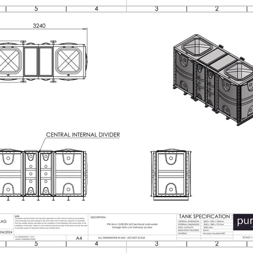 PW.3X1X1.5.IFB.DIV.AG(1.5+1.5) - 4500 LITRE DIVIDED SECTIONAL WATER TANK, INTERNALLY FLANGED BASE (IFB)