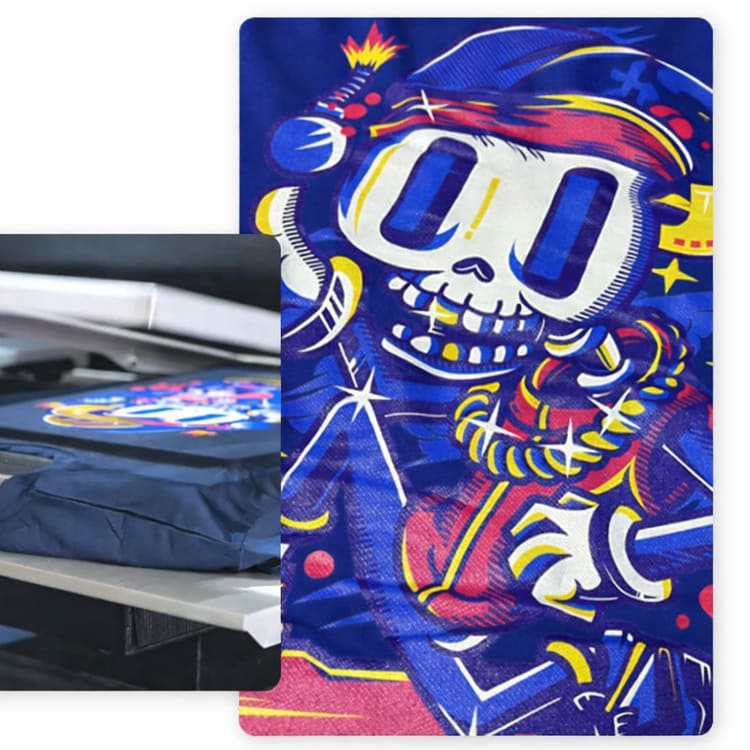 Direct-to-garment printing of vibrant skeleton design on navy t-shirt, showcasing custom eco-friendly apparel production.
