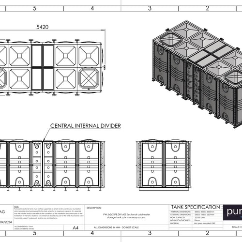 PW.5X2X2.IFB.DIV.AG(2+2) - 20000 LITRE DIVIDED SECTIONAL WATER TANK, INTERNALLY FLANGED BASE (IFB)