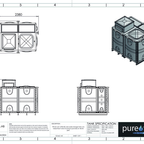 PW.2X1.5X1.5.IFB.AB - 4500 LITRE SECTIONAL WATER TANK, INTERNALLY FLANGED BASE (IFB) C/W FVH