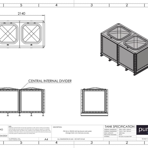 PW.2X1X1.IFB.DIV.AG(1+1) - 2000 LITRE DIVIDED SECTIONAL WATER TANK, INTERNALLY FLANGED BASE (IFB)