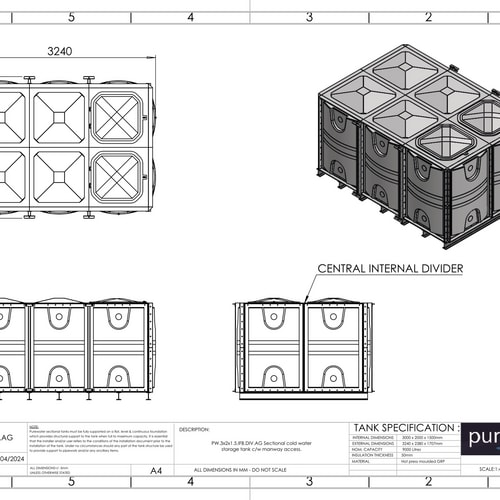PW.3X2X1.5.IFB.DIV.AG(1.5+1.5) - 9000 LITRE DIVIDED SECTIONAL WATER TANK, INTERNALLY FLANGED BASE (IFB)