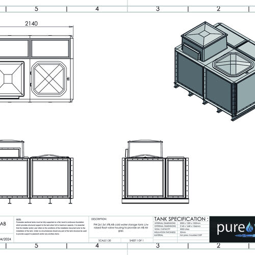 PW.2X1.5X1.IFB.AB - 3000 LITRE SECTIONAL WATER TANK, INTERNALLY FLANGED BASE (IFB) C/W FVH