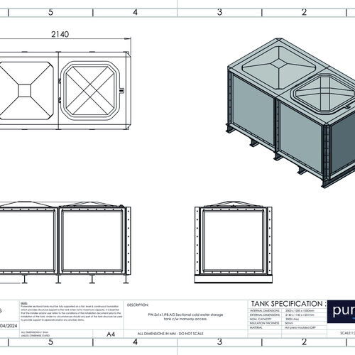 PW.2X1X1.IFB.AG - 2000 LITRE SECTIONAL WATER TANK, INTERNALLY FLANGED BASE (IFB)