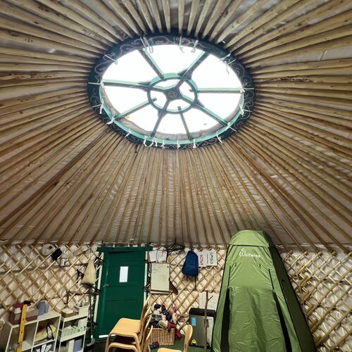 Interior of school yurt with energy-efficient LED lighting.

