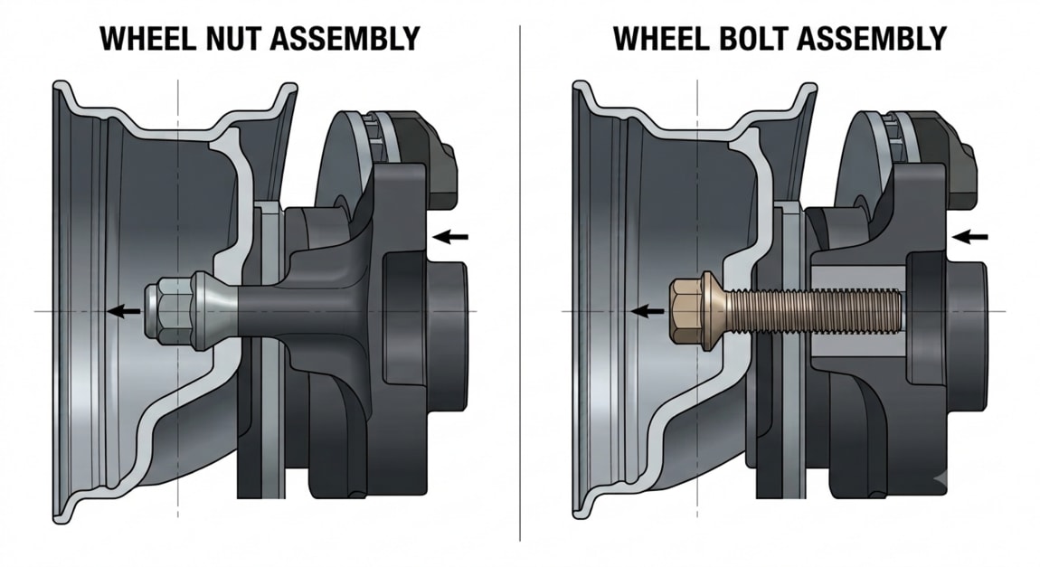 Comparison of Wheel nut and a Wheel bolt.