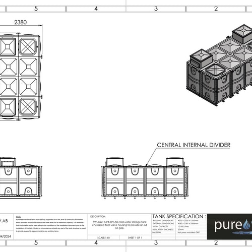 PW.4X2X1.5.IFB.DIV.AB(2+2) - 12000 LITRE DIVIDED SECTIONAL WATER TANK, INTERNALLY FLANGED BASE (IFB) C/W FVH