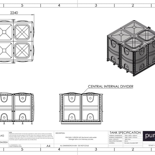 PW.2X2X1.5.IFB.DIV.AG(1+1) - 6000 LITRE DIVIDED SECTIONAL WATER TANK, INTERNALLY FLANGED BASE (IFB)
