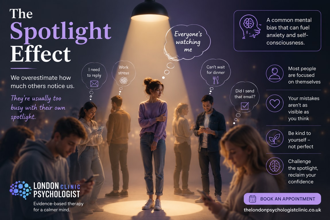 The Spotlight Effect: Why We Think Everyone Is Watching Us | London Psychologist Clinic | Chartered London Psychologist | CBT Coaching Harley Street | Psychology Counselling Harley Street