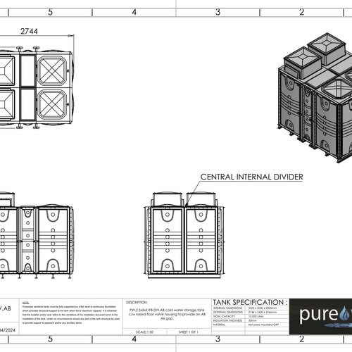 PW.2.5X2X2.IFB.DIV.AB(1+1) - 10000 LITRE DIVIDED SECTIONAL WATER TANK, INTERNALLY FLANGED BASE (IFB) C/W FVH