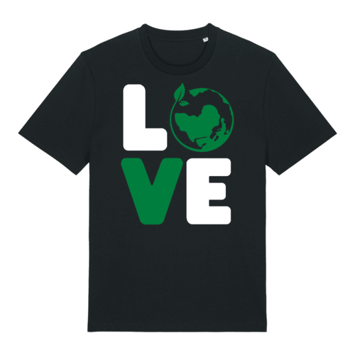 LOVE Earth design with green leaf globe on black t-shirt, ideal eco-conscious graphic for HTV (heat transfer vinyl) printing.