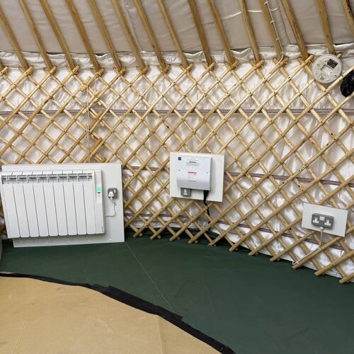 Outdoor yurt with energy-efficient lighting.

