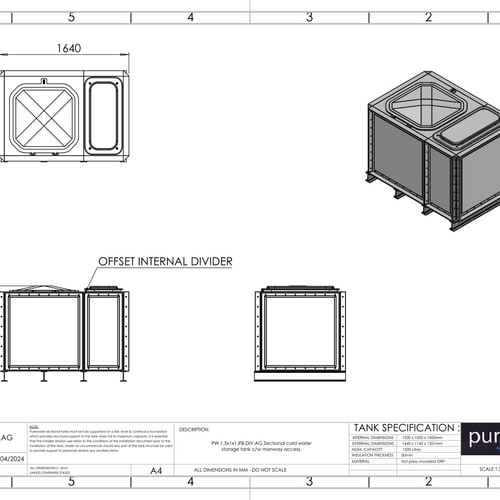 PW.1.5X1X1.IFB.DIV.AG(1+0.5) - 1500 LITRE DIVIDED SECTIONAL WATER TANK, INTERNALLY FLANGED BASE (IFB)
