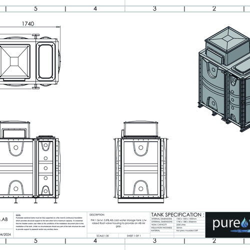 PW.1.5X1X1.5.IFB.AB - 2250 LITRE SECTIONAL WATER TANK, INTERNALLY FLANGED BASE (IFB) C/W FVH