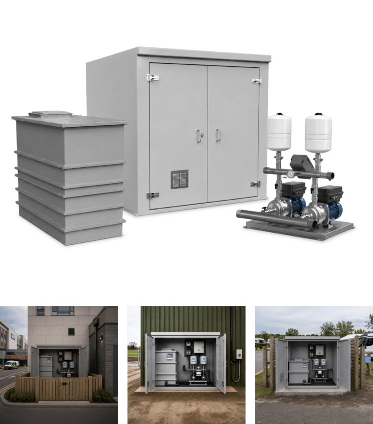 Enclosed Boosted Bundle | Purewater Storage Ltd | GRP | Water Storage Tanks | One piece | Two Piece | Sectional | Enclosures | Combination Units | Nationwide
