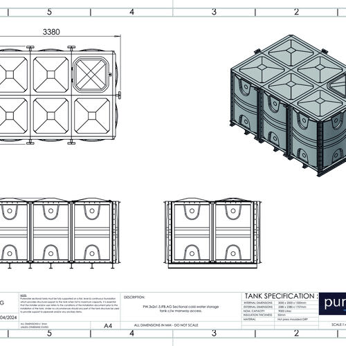PW.3X2X1.5.IFB.AG - 9000  LITRE SECTIONAL WATER TANK, INTERNALLY FLANGED BASE (IFB)